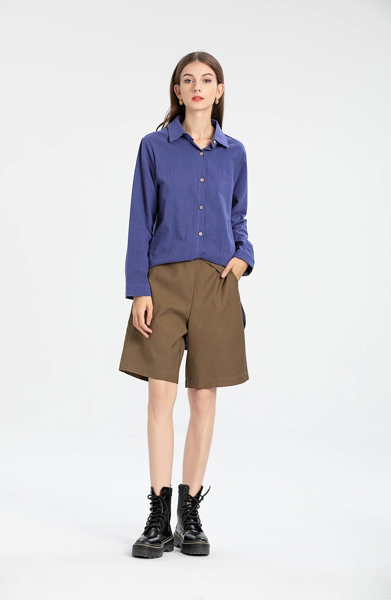 Minibee Women's Cotton Shirts Tunics Hi Low Tops Boyfriend Button Down Blouse Navy XL - Image 5